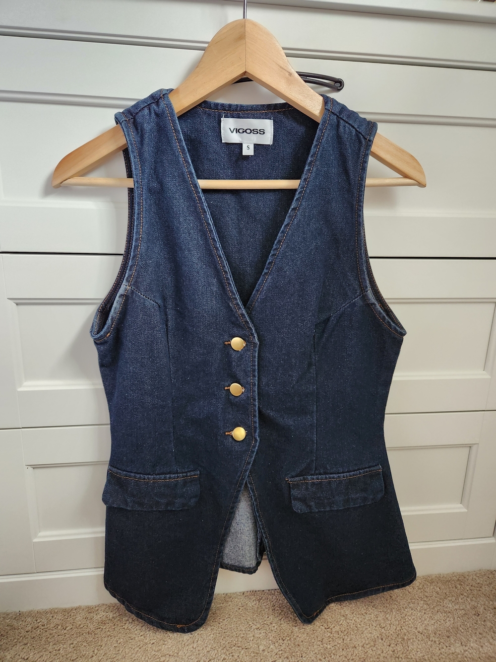 Vigoss Dark Blue Denim Button-Front Vest with Contrast Topstitching